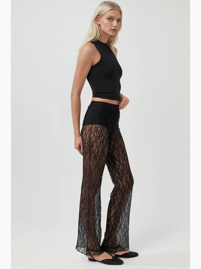 Pantalon évasé taille haute en dentelle hiccup Noir - Kiabi