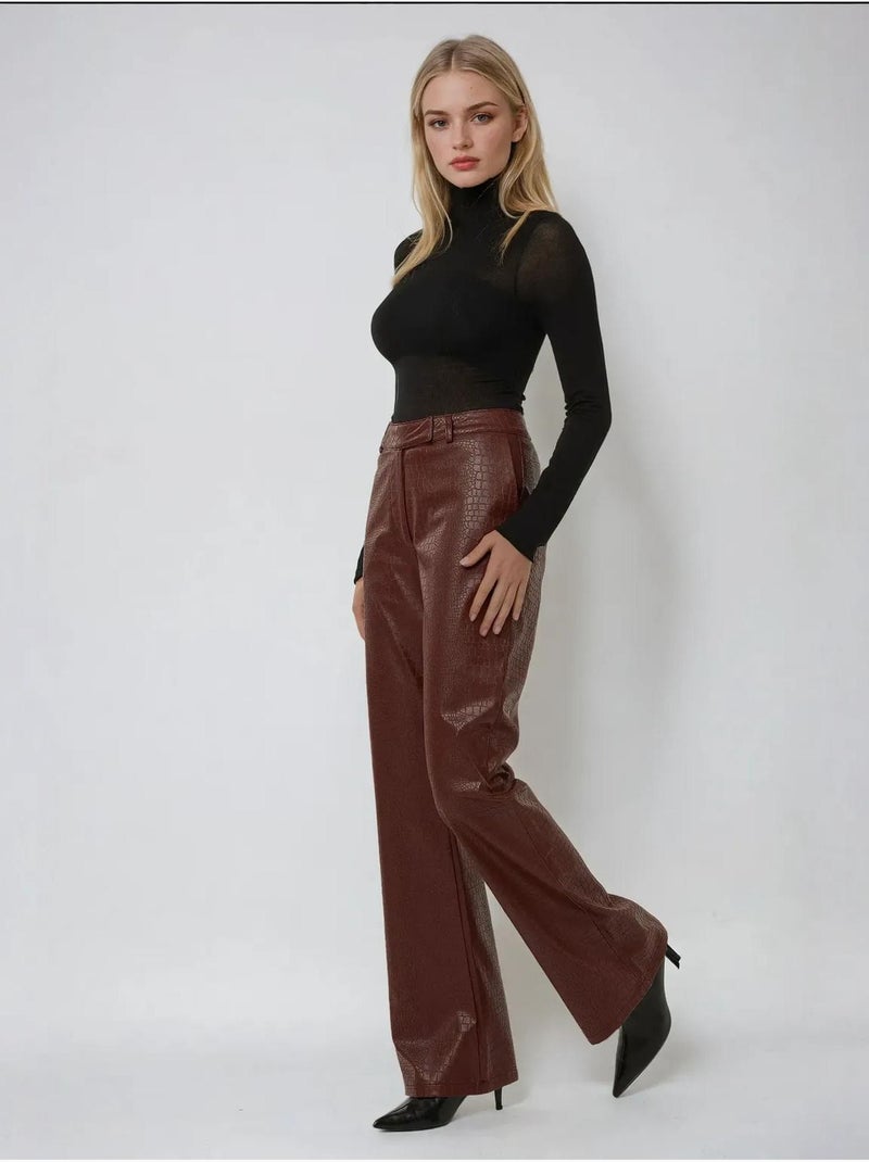 Pantalon évasé taille haute en simili cuir Rouge bordeaux - Kiabi