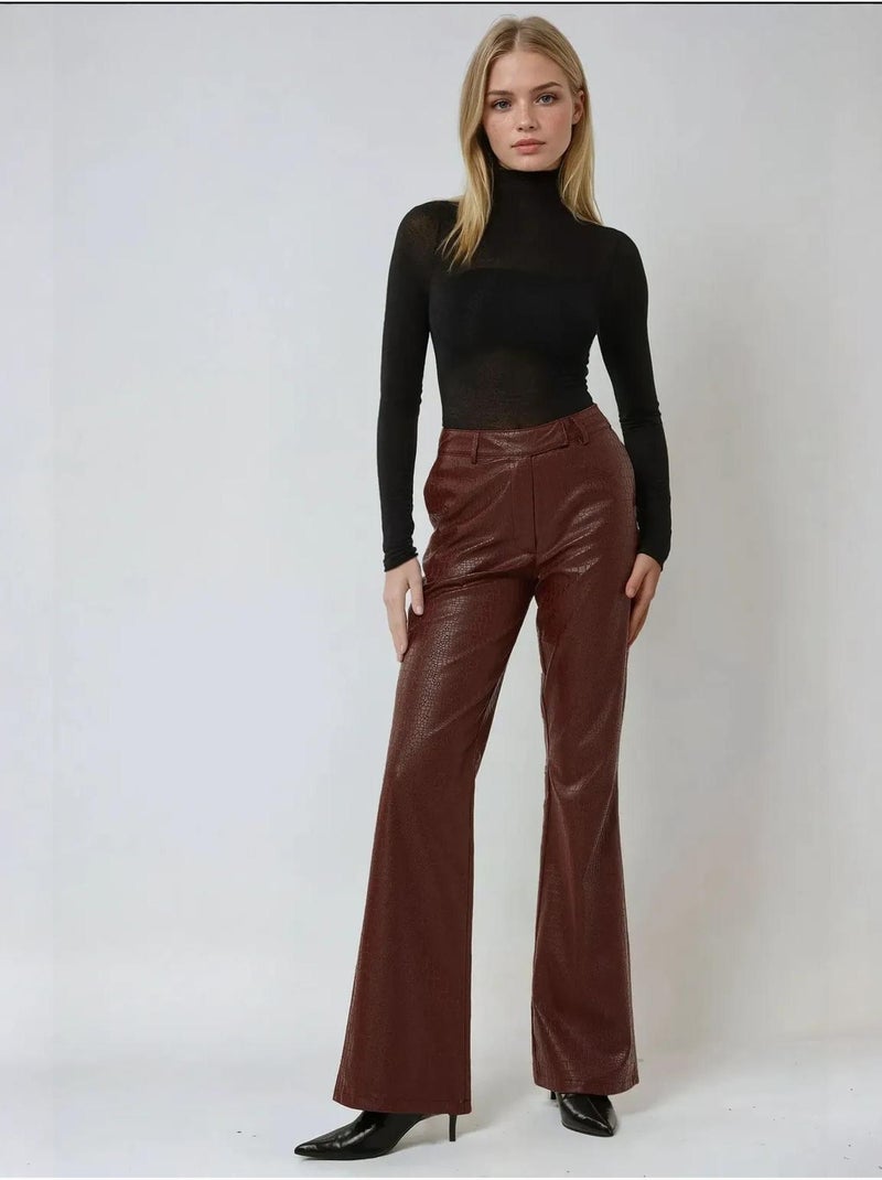 Pantalon évasé taille haute en simili cuir Rouge bordeaux - Kiabi