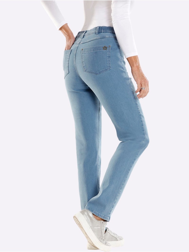 Pantalon extensible 5 poches avec ceinture élastique et détail étoilé - Taille courte - Moda Vilona Bleu Blanc - Kiabi