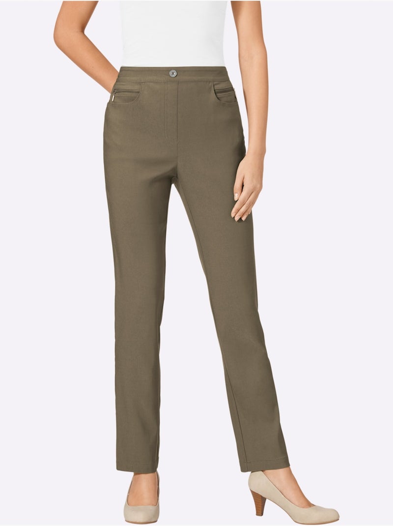 Pantalon extensible avec poches à glissière et ceinture élastique - Taille courte - Moda Vilona Kaki - Kiabi