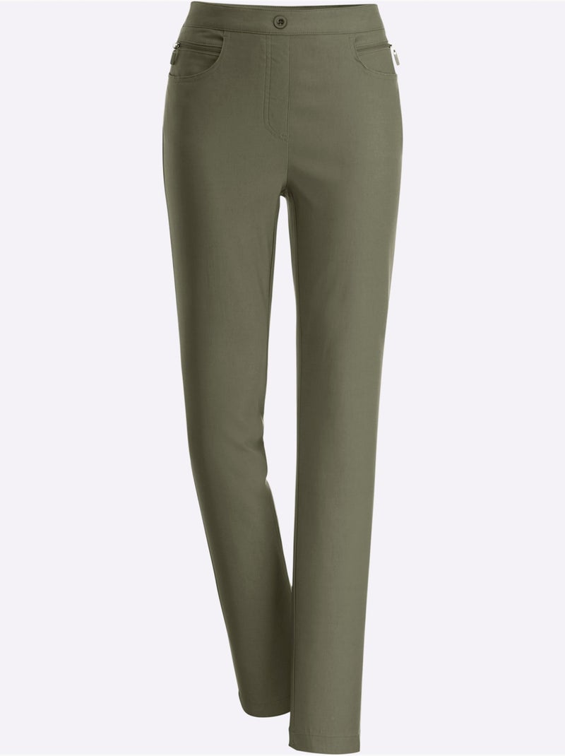 Pantalon extensible avec poches à glissière et ceinture élastique - Taille courte - Moda Vilona Kaki - Kiabi