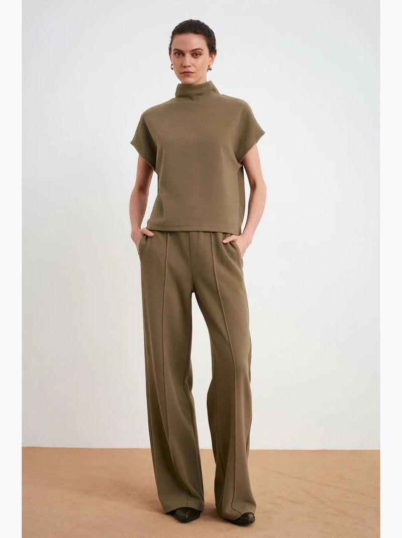 Pantalon femme à jambes larges et taille élastique dilvin Kaki - Kiabi
