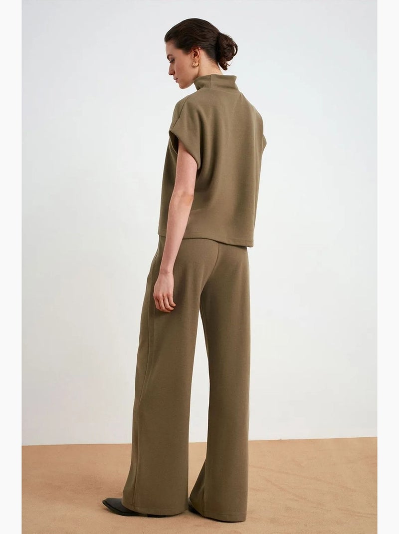 Pantalon femme à jambes larges et taille élastique dilvin Kaki - Kiabi