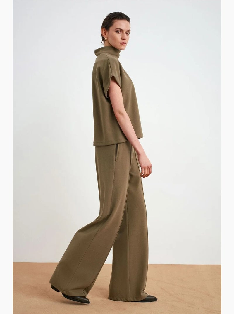 Pantalon femme à jambes larges et taille élastique dilvin Kaki - Kiabi