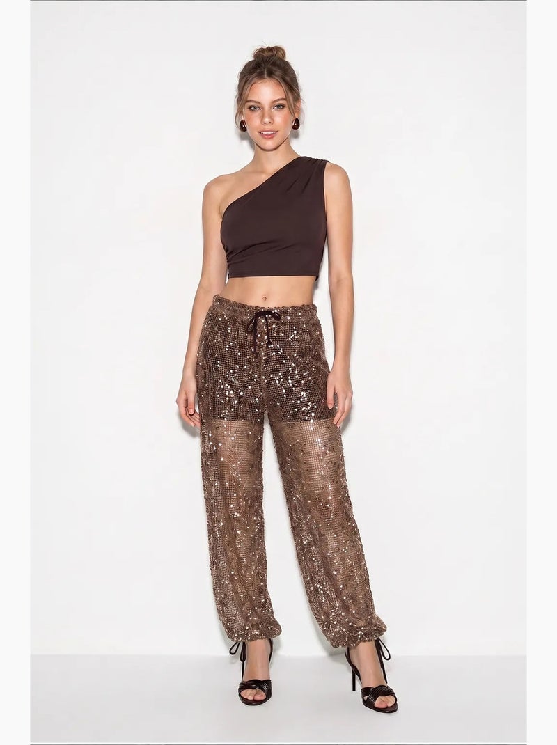 Pantalon femme à paillettes lucci Marron - Kiabi