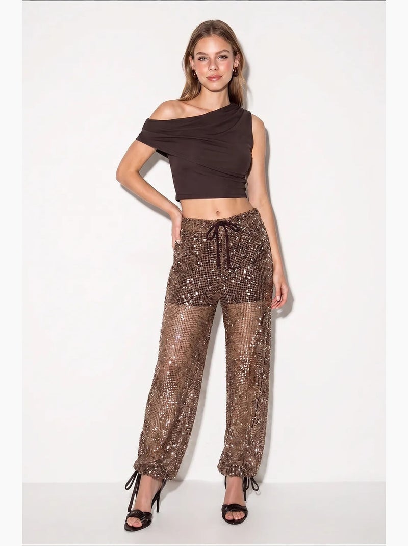 Pantalon femme à paillettes lucci Marron - Kiabi