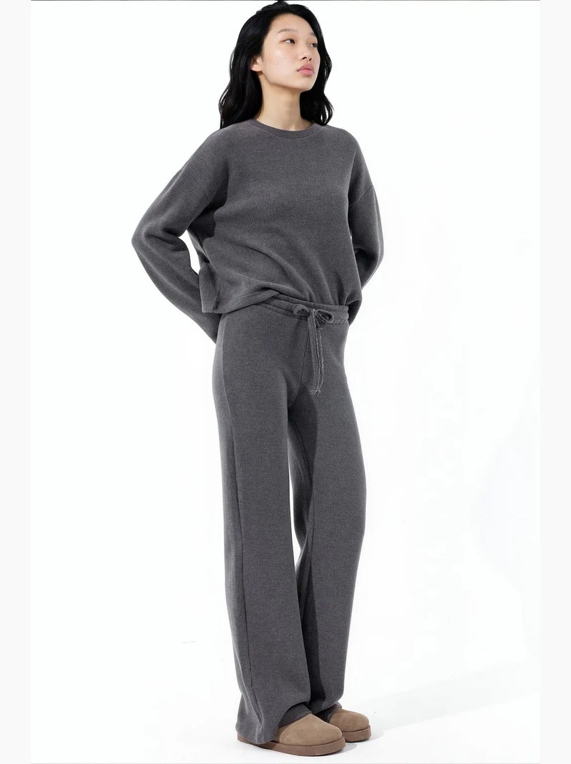 Pantalon femme à taille élastique et jambe large busem Gris Noir - Kiabi