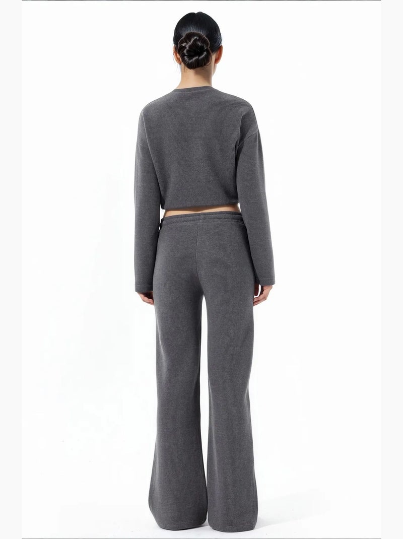 Pantalon femme à taille élastique et jambe large busem Gris Noir - Kiabi