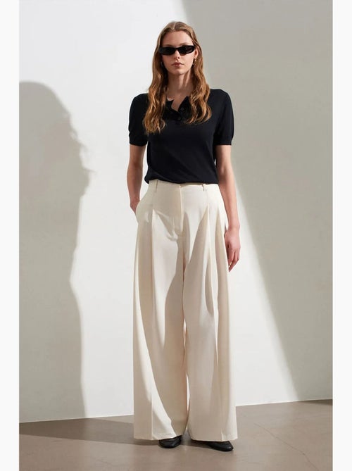 Pantalon femme à taille haute et jambe large en crêpe dilvin - Kiabi