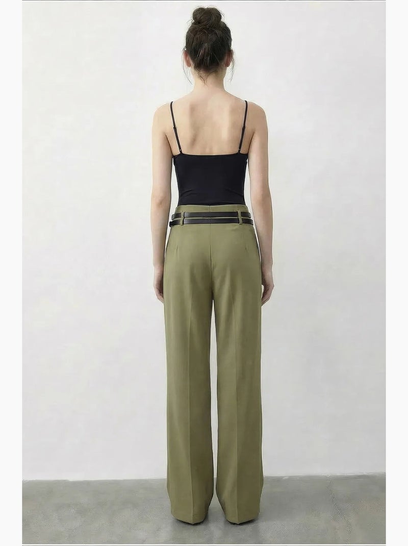 Pantalon femme à taille haute et jambe large lucci Kaki - Kiabi