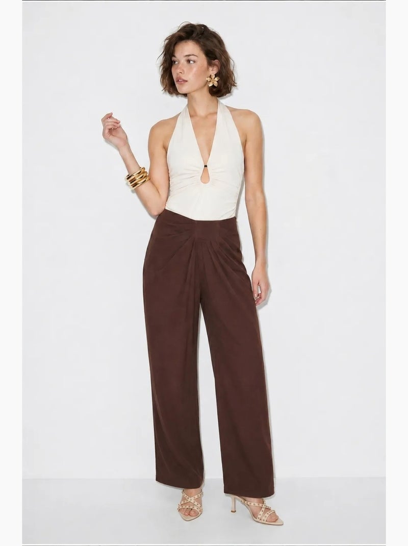 Pantalon femme à taille haute et jambe large lucci Marron chocolat - Kiabi