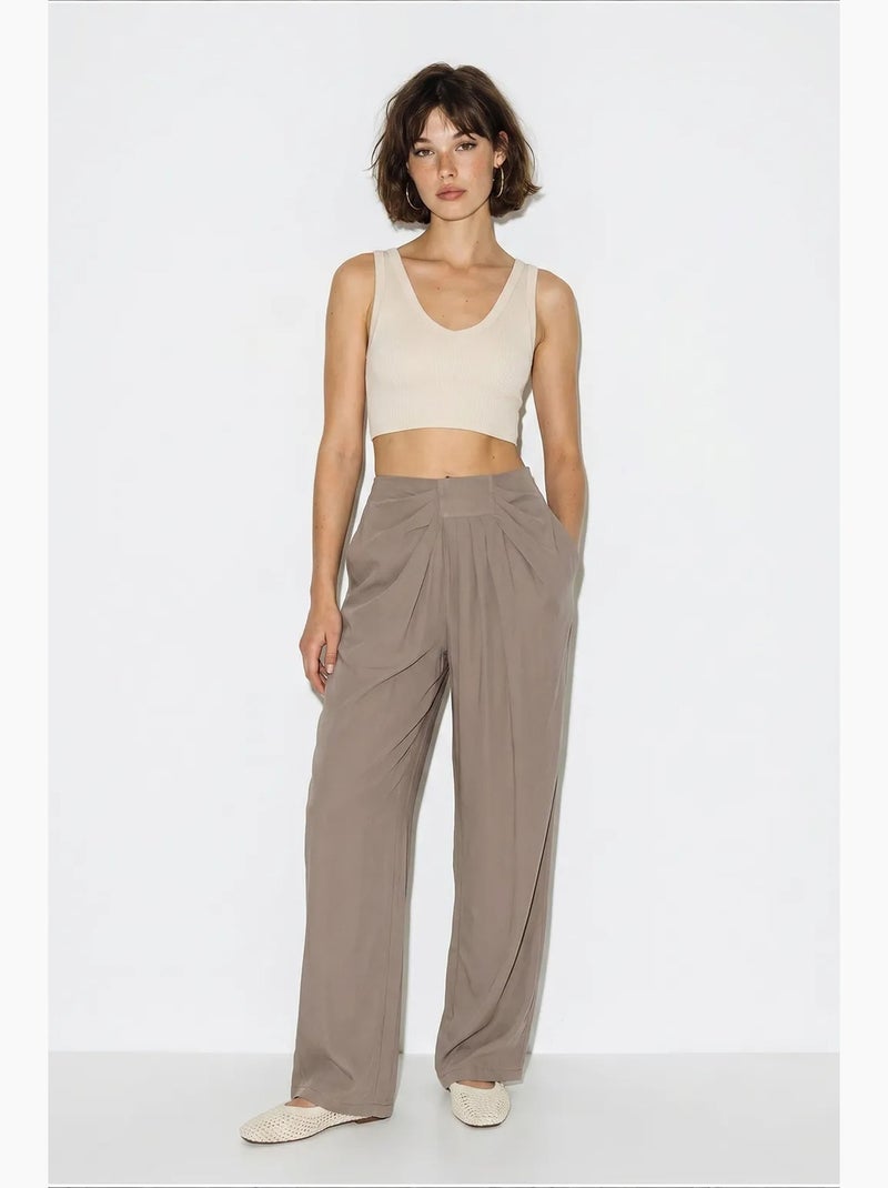 Pantalon femme à taille haute et jambe large lucci Sable - Kiabi