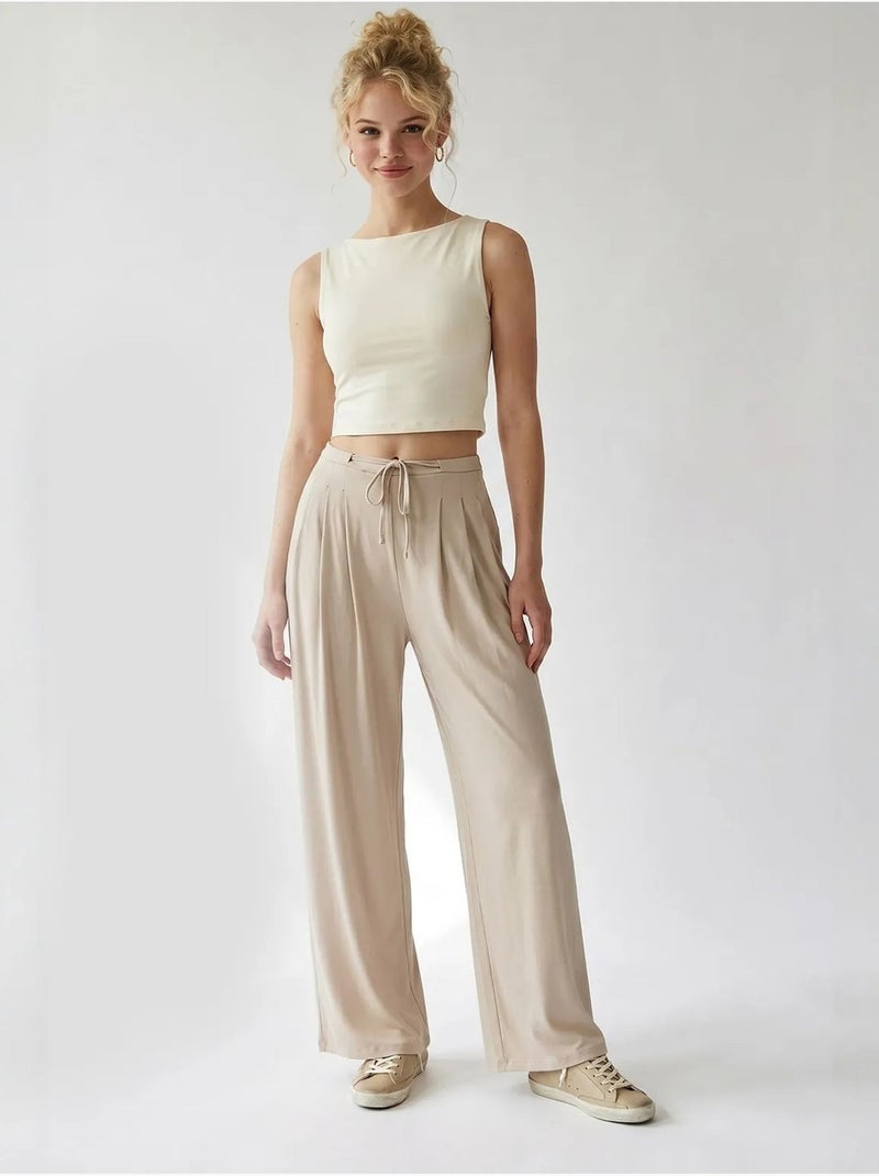 Pantalon femme en jersey à jambe large et taille haute mixray Beige argile - Kiabi
