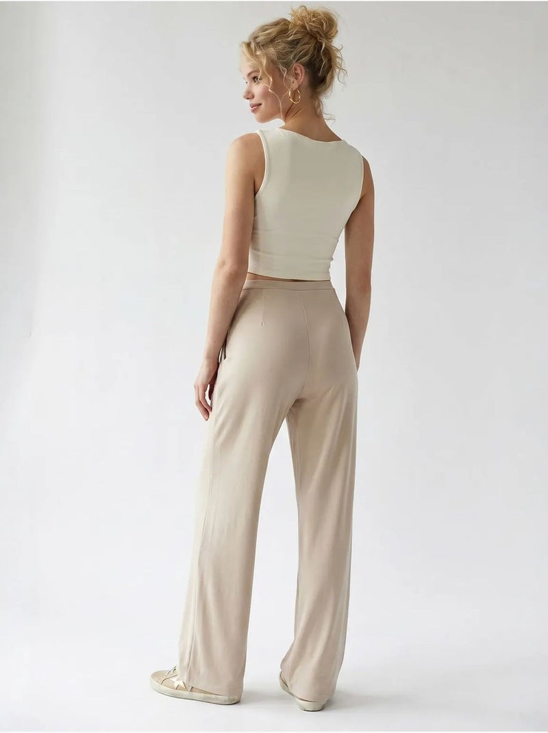 Pantalon femme en jersey à jambe large et taille haute mixray Beige argile - Kiabi