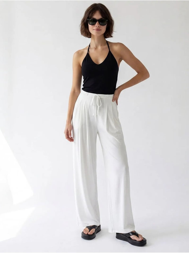Pantalon femme en jersey à jambe large et taille haute mixray Blanc - Kiabi
