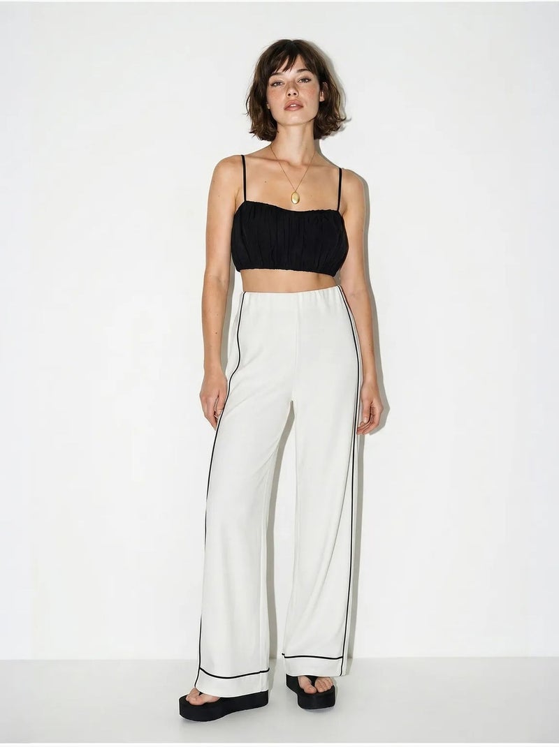 Pantalon femme en jersey à taille haute et jambe large lucci Blanc cassé - Kiabi