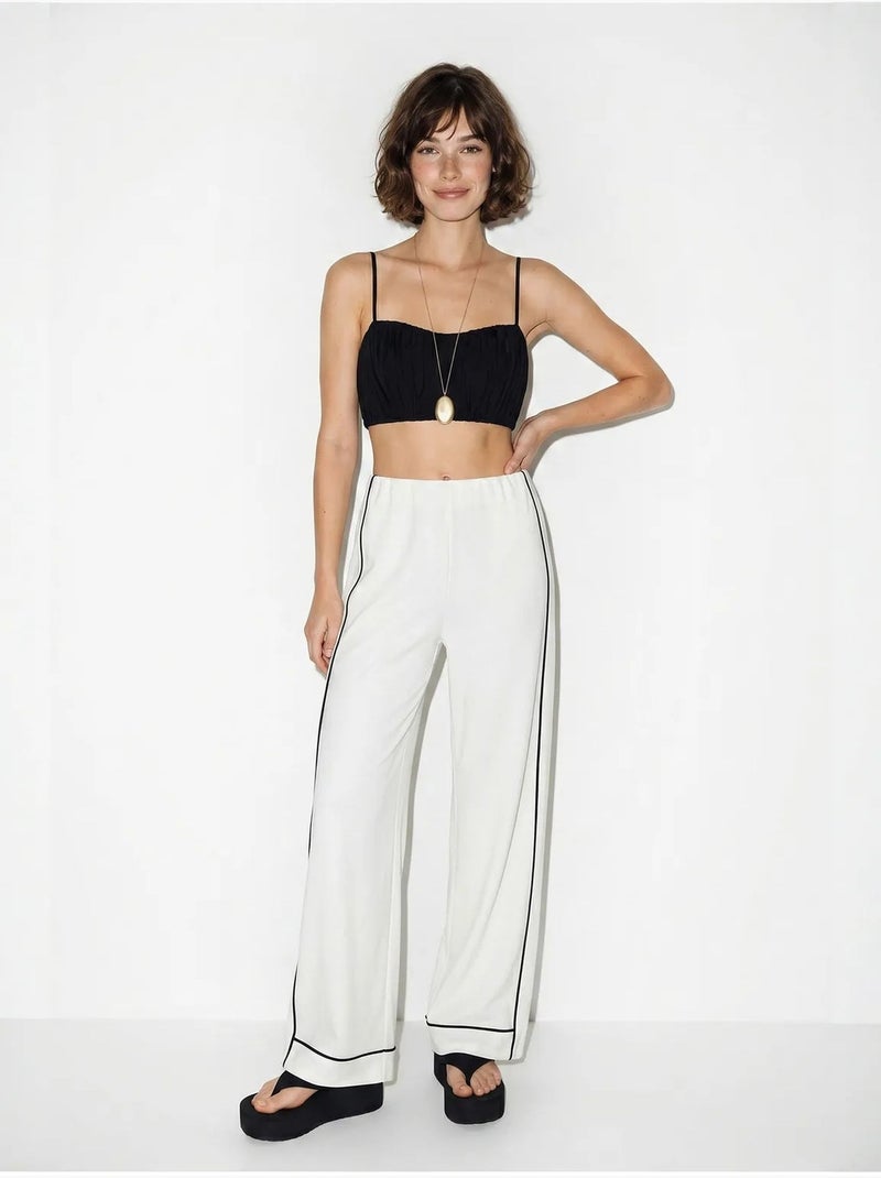 Pantalon femme en jersey à taille haute et jambe large lucci Blanc cassé - Kiabi