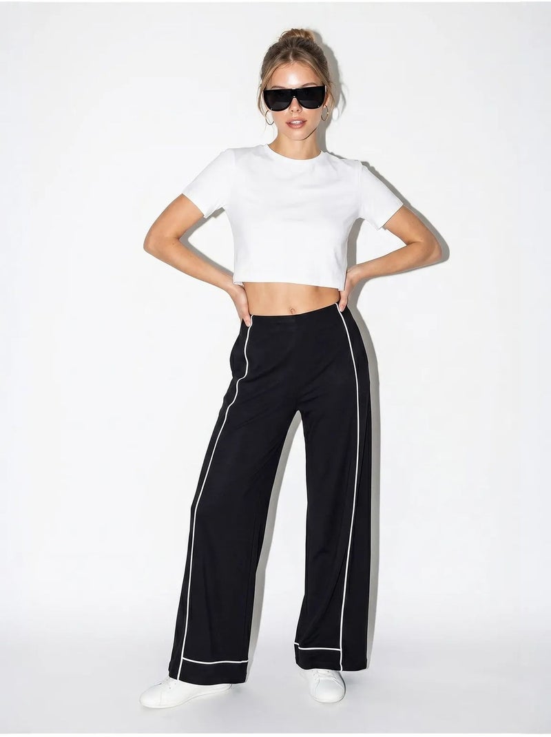 Pantalon femme en jersey à taille haute et jambe large lucci Noir - Kiabi