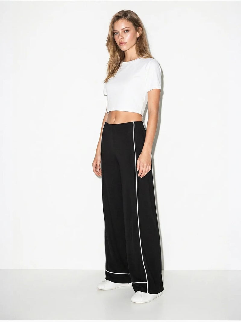 Pantalon femme en jersey à taille haute et jambe large lucci Noir - Kiabi