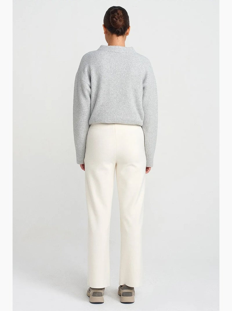 Pantalon femme en maille à taille haute et jambe large dilvin Blanc cassé - Kiabi