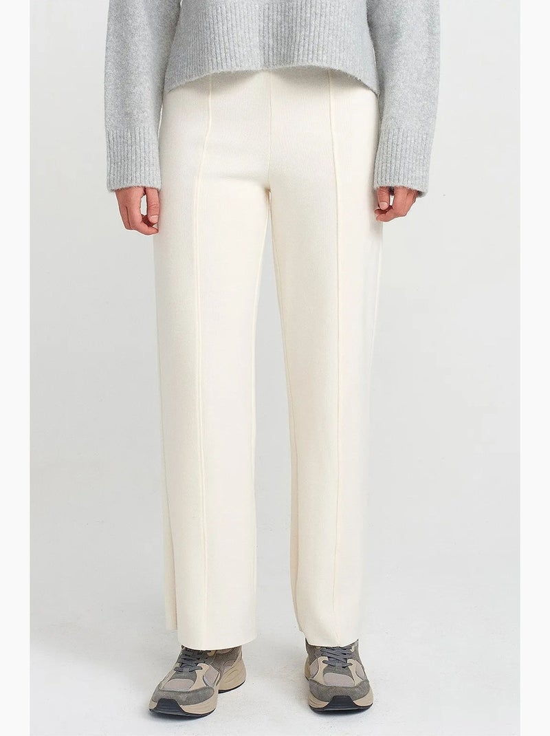 Pantalon femme en maille à taille haute et jambe large dilvin Blanc cassé - Kiabi