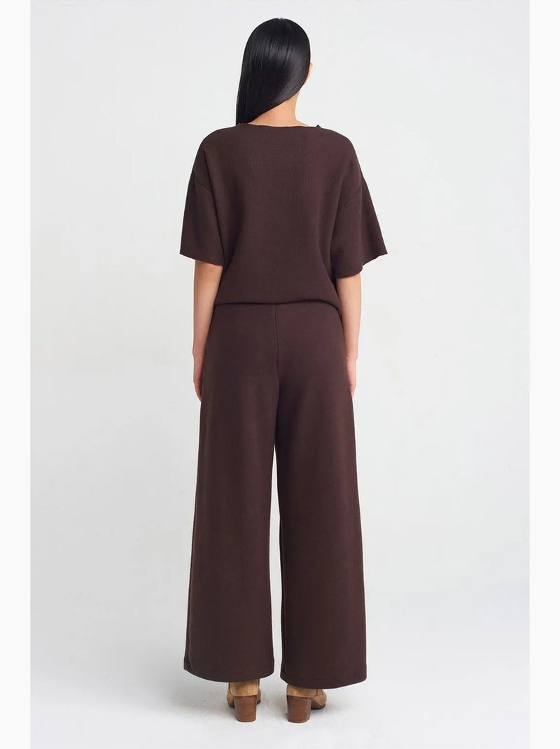 Pantalon femme en maille à taille haute et jambe large dilvin Marron chocolat - Kiabi