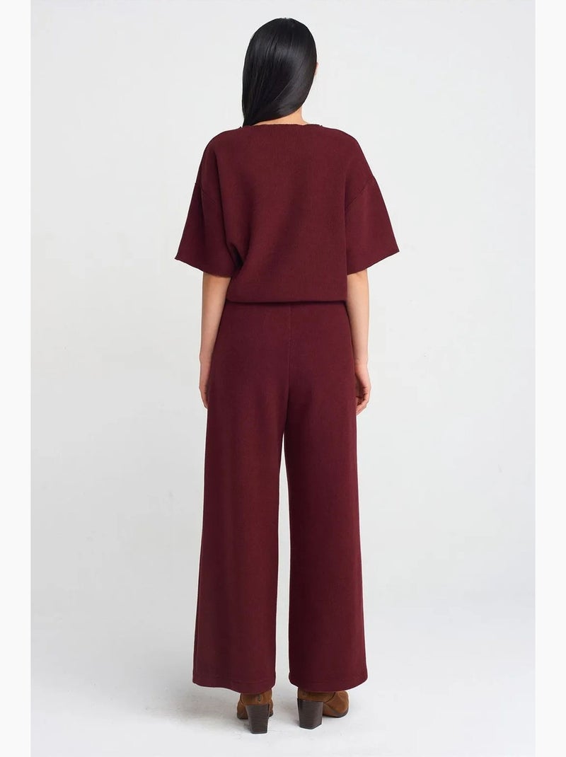 Pantalon femme en maille à taille haute et jambe large dilvin Rouge bordeaux - Kiabi