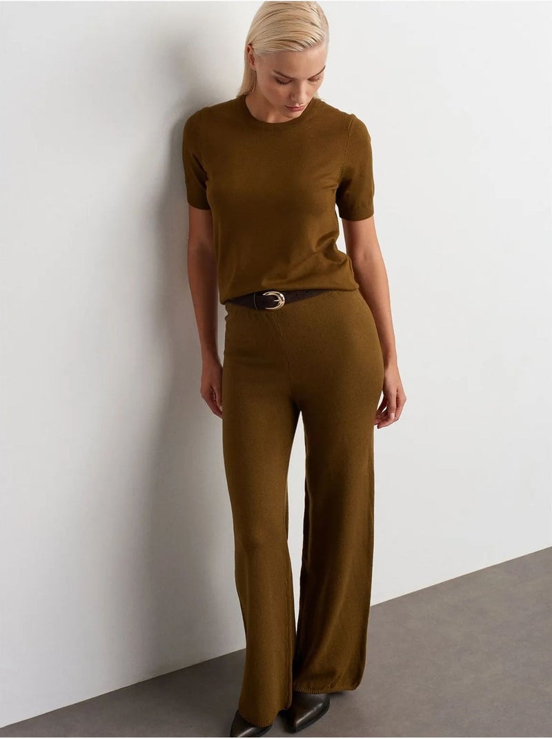 Pantalon femme en maille lurex à jambe large dilvin Vert kaki - Kiabi