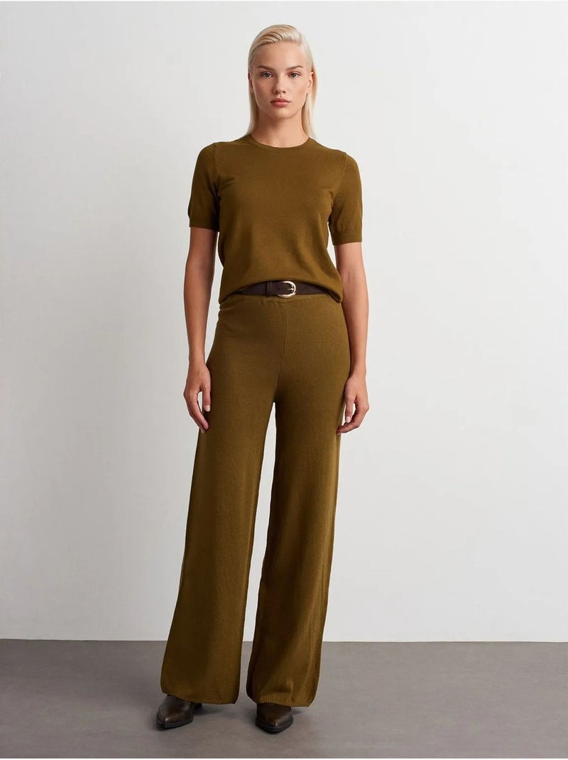 Pantalon femme en maille lurex à jambe large dilvin Vert kaki - Kiabi