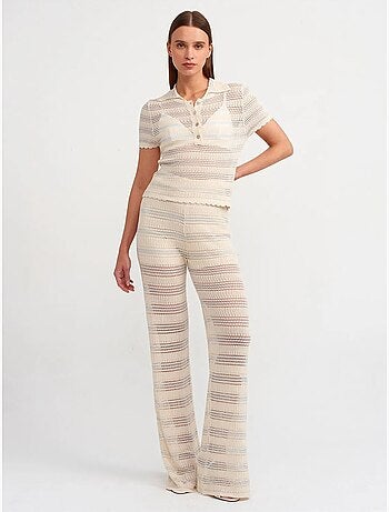 Pantalon femme en maille rayée à taille haute et jambe large dilvin