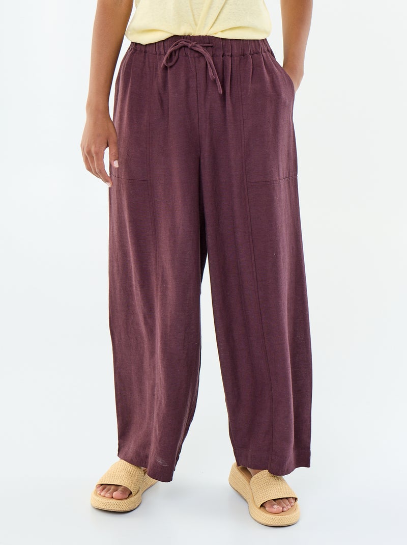 Pantalon femme en tissu léger à coupe large et taille haute Violet - Kiabi