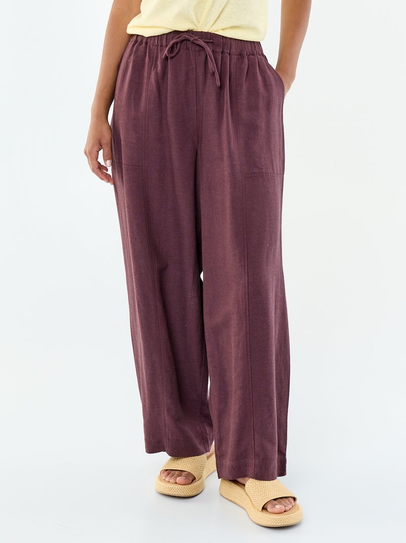 Pantalon femme en tissu léger à coupe large et taille haute Violet - Kiabi