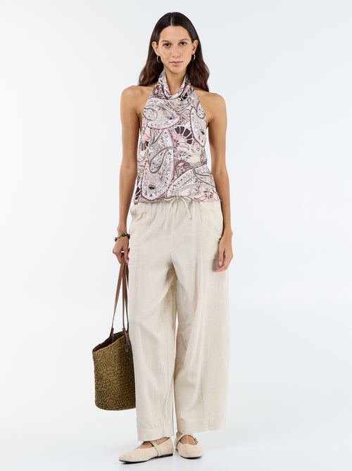 Pantalon femme en toile légère à coupe large et taille haute - Kiabi