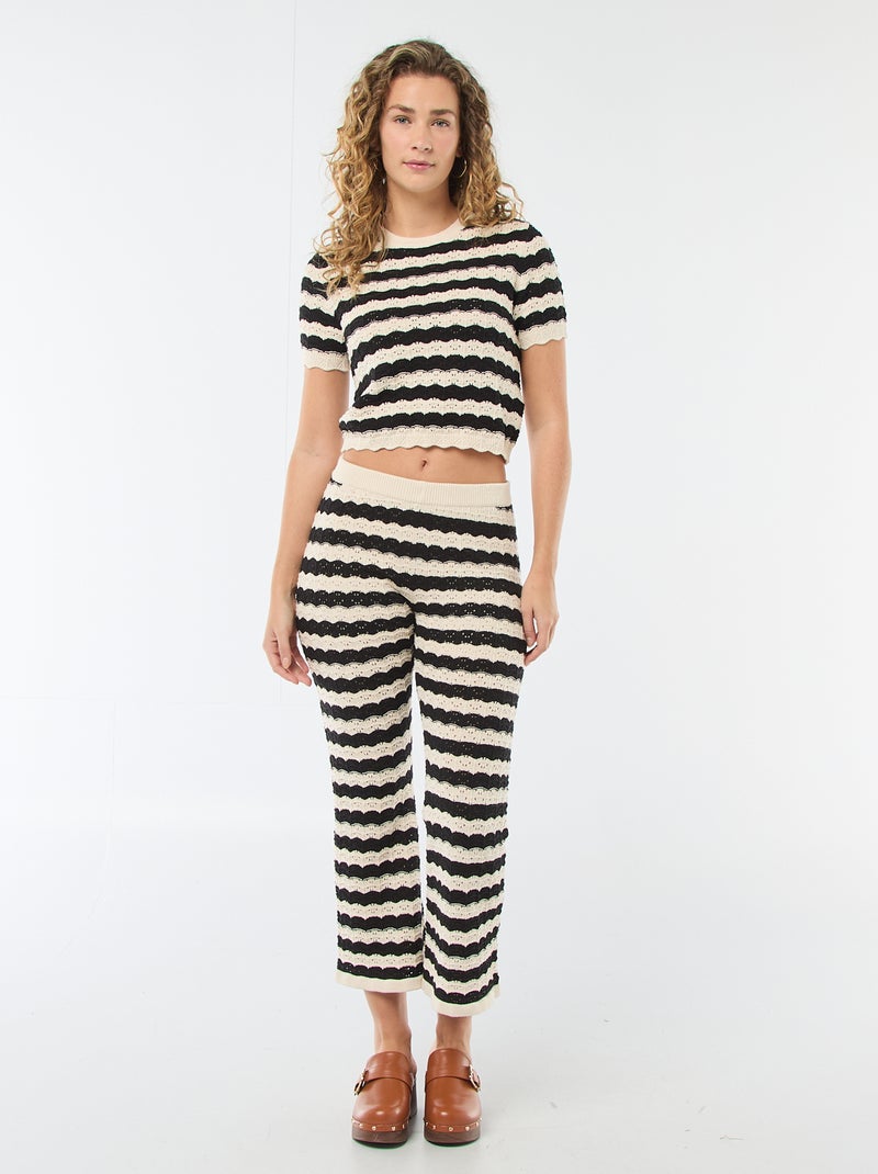 Pantalon femme flare en crochet fantaisie Beige/noir - Kiabi