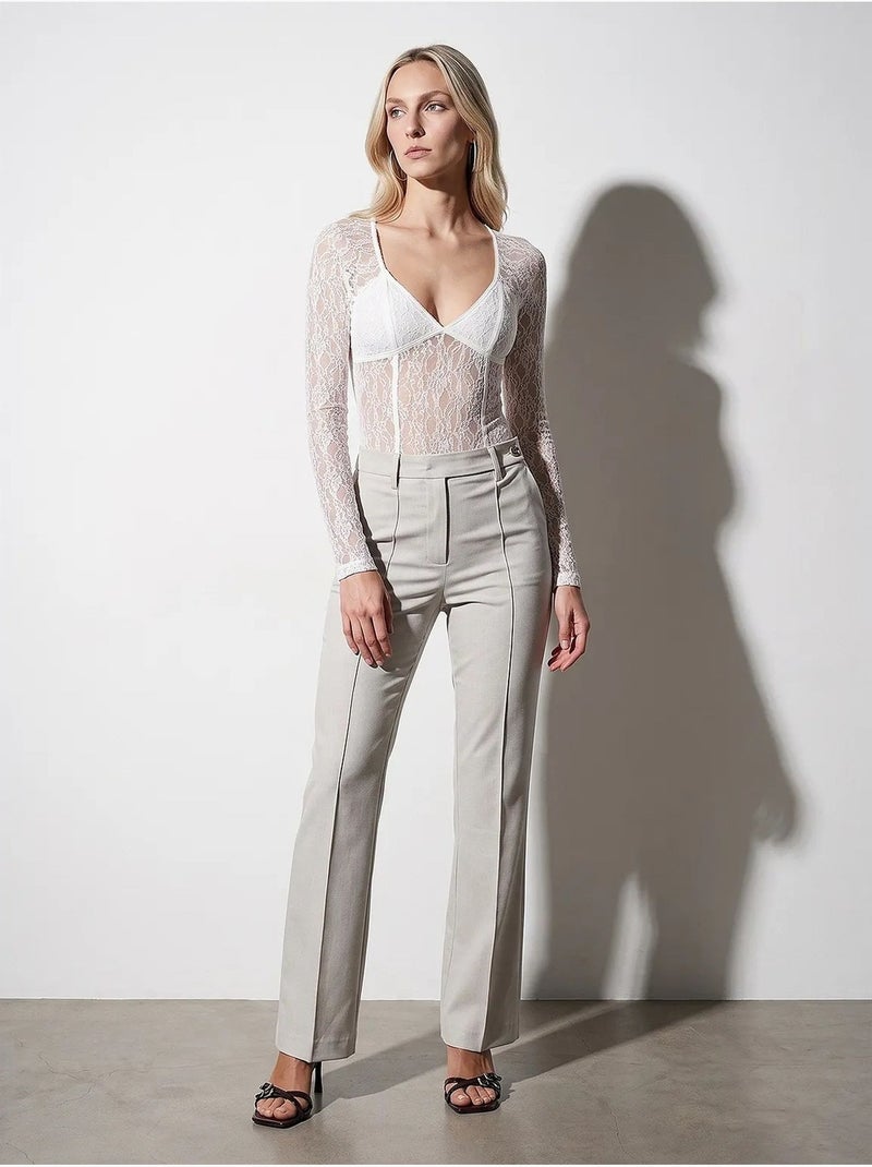 Pantalon femme large en crêpe, taille mi-haute dilvin Sable - Kiabi