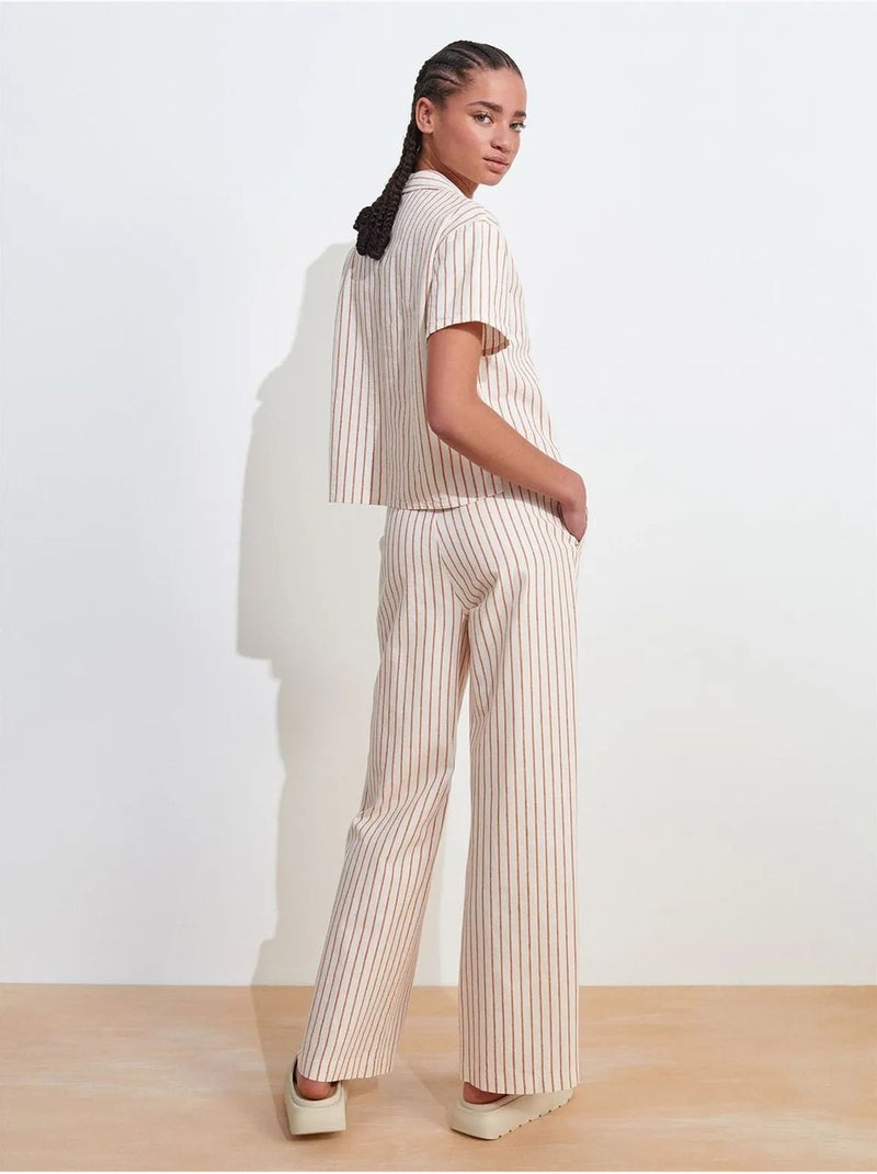 Pantalon femme large en lin à rayures dilvin Crème - Kiabi