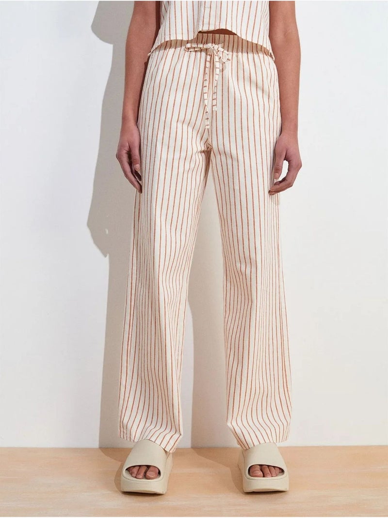 Pantalon femme large en lin à rayures dilvin Crème - Kiabi