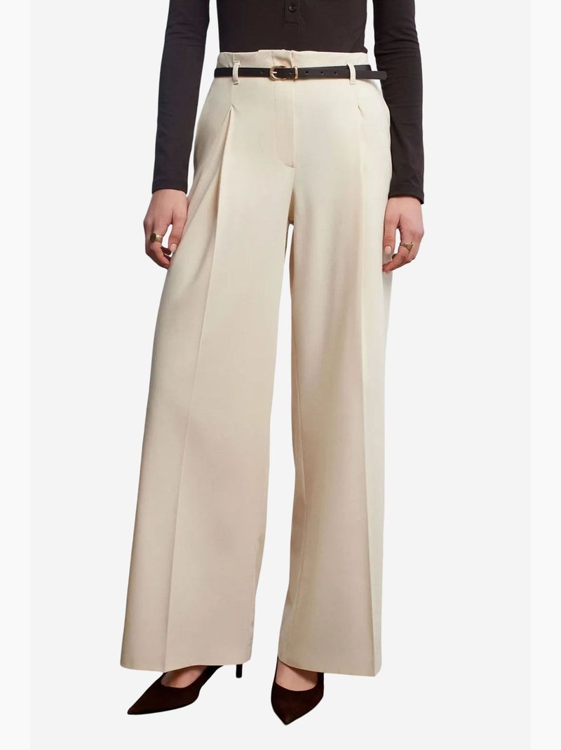 Pantalon femme palazzo en crêpe avec ceinture dilvin Crème - Kiabi