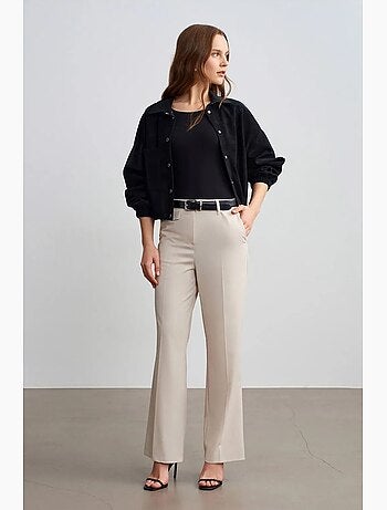 Pantalon femme taille haute à jambe droite en crêpe dilvin