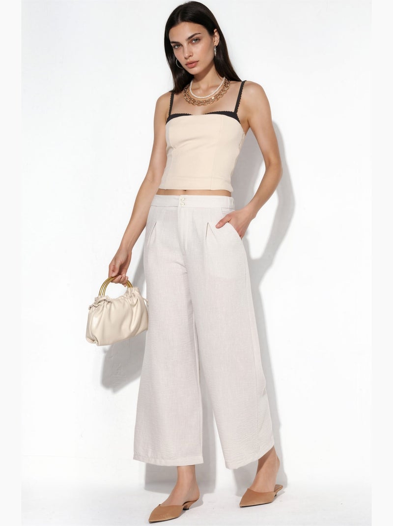 Pantalon femme taille haute à jambe large busem Blanc cassé - Kiabi