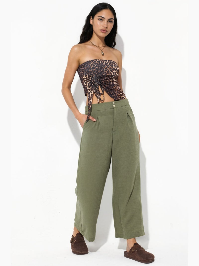 Pantalon femme taille haute à jambe large busem Kaki - Kiabi