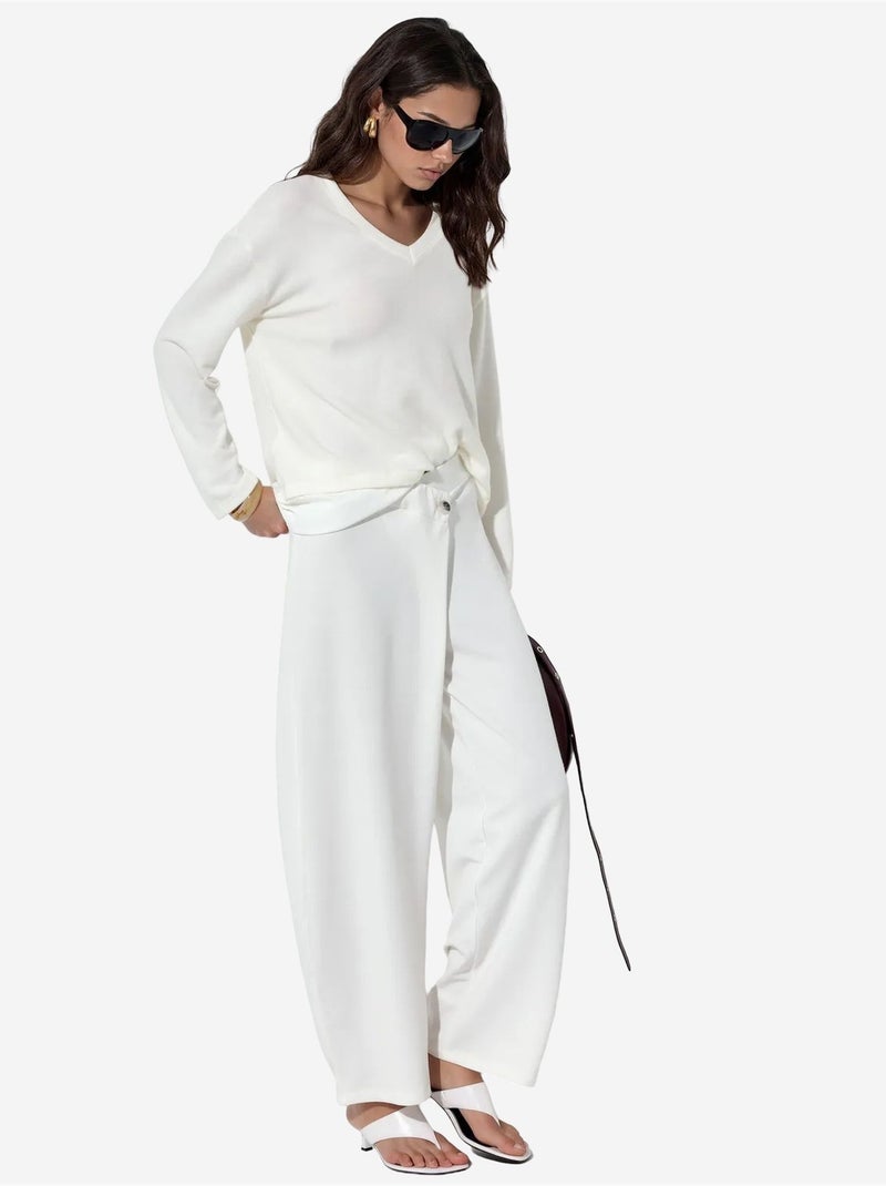Pantalon femme taille haute à jambe large en crêpe busem Blanc cassé - Kiabi