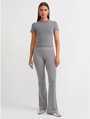 Pantalon femme taille haute à jambes évasées côtelé dilvin