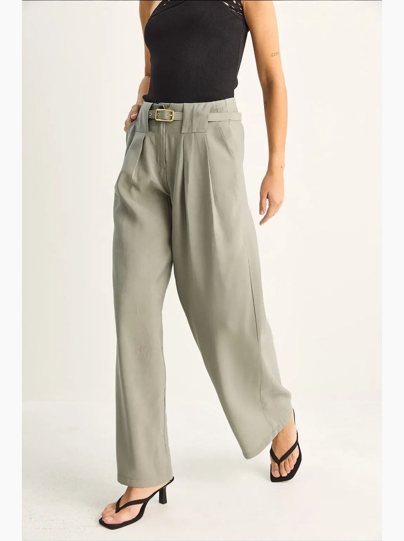 Pantalon femme taille haute ceinturé lucci Vert - Kiabi