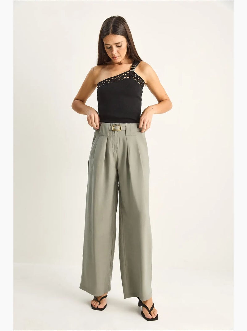 Pantalon femme taille haute ceinturé lucci Vert - Kiabi