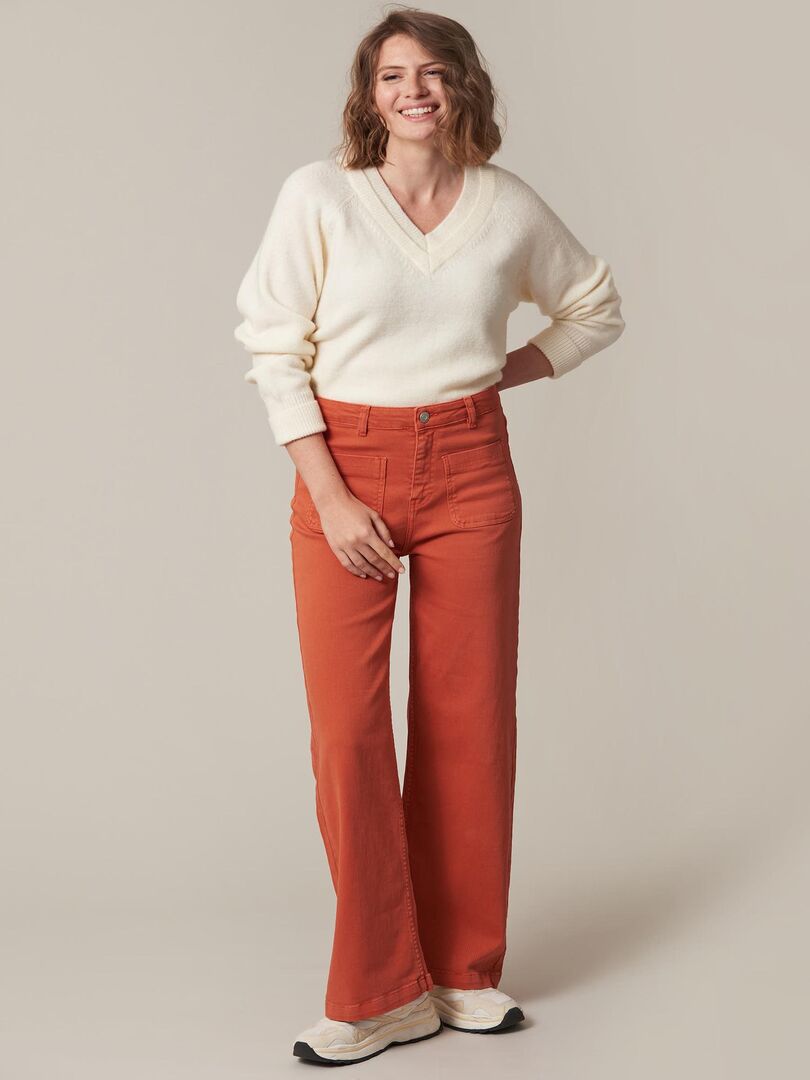 Pantalon femme wide leg en denim 'Deeluxe' Orange clémentine Kiabi