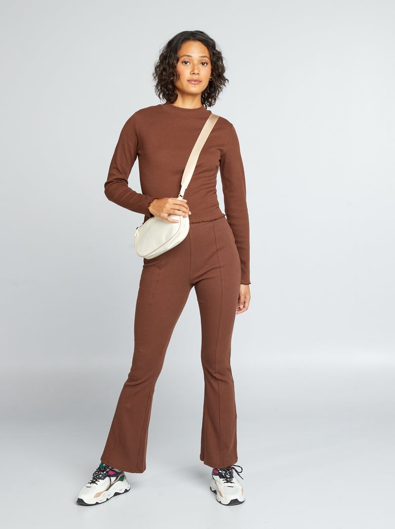 Pantalon flare en maille côtelée Marron - Kiabi