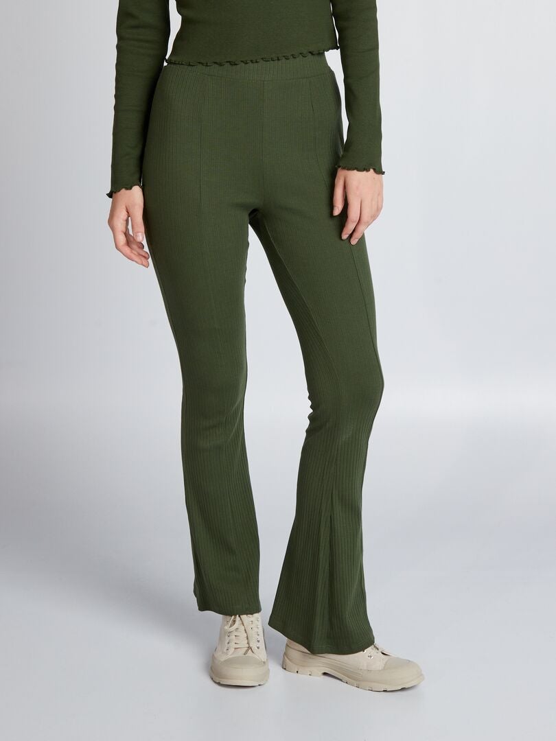 Pantalon flare en maille côtelée Vert - Kiabi