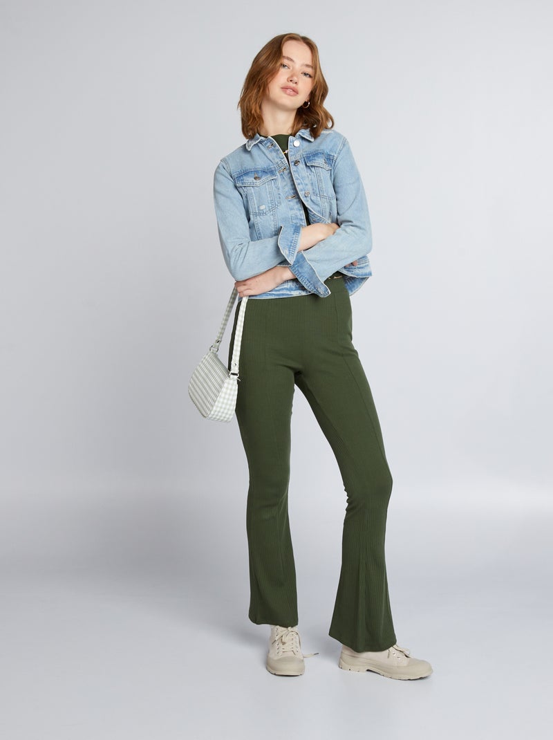 Pantalon flare en maille côtelée Vert - Kiabi